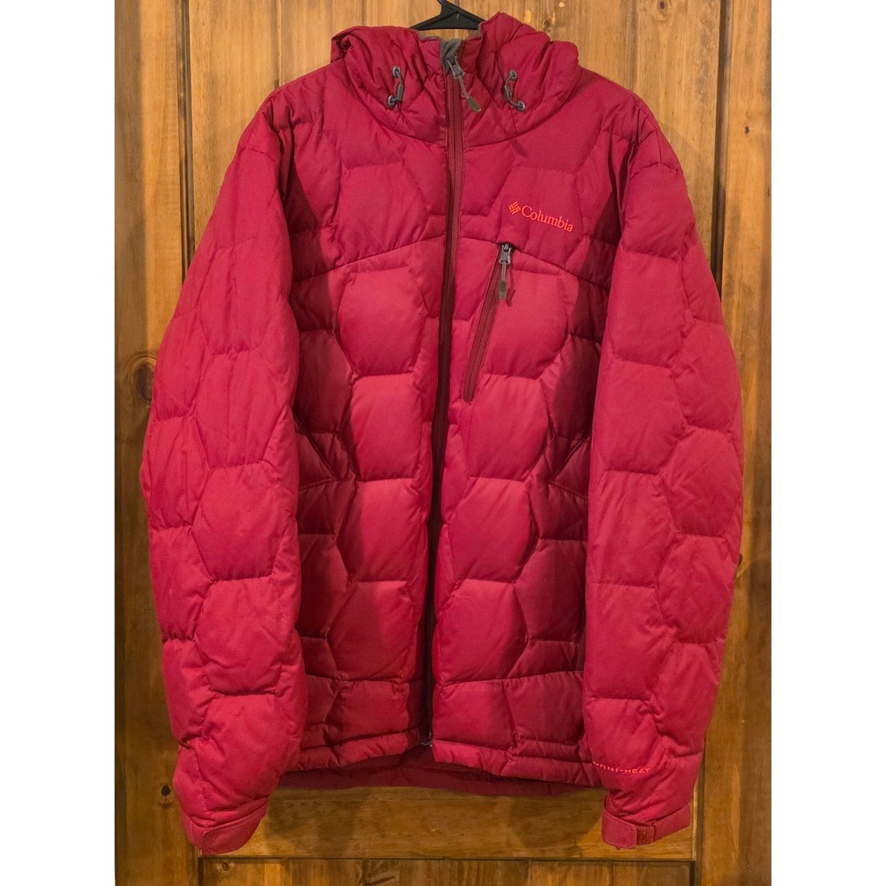 Columbia Puffer Jacket Women L Red Excellent‎ 700 Down Omni-Heat Hooded WM4042